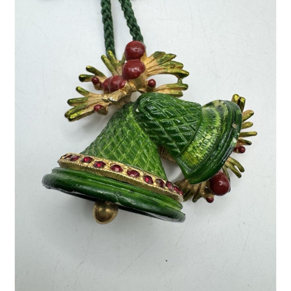 Vintage LUCA "RAZZA" Christmas Bells Green Enamel And Red Rhinestone Cord Rare